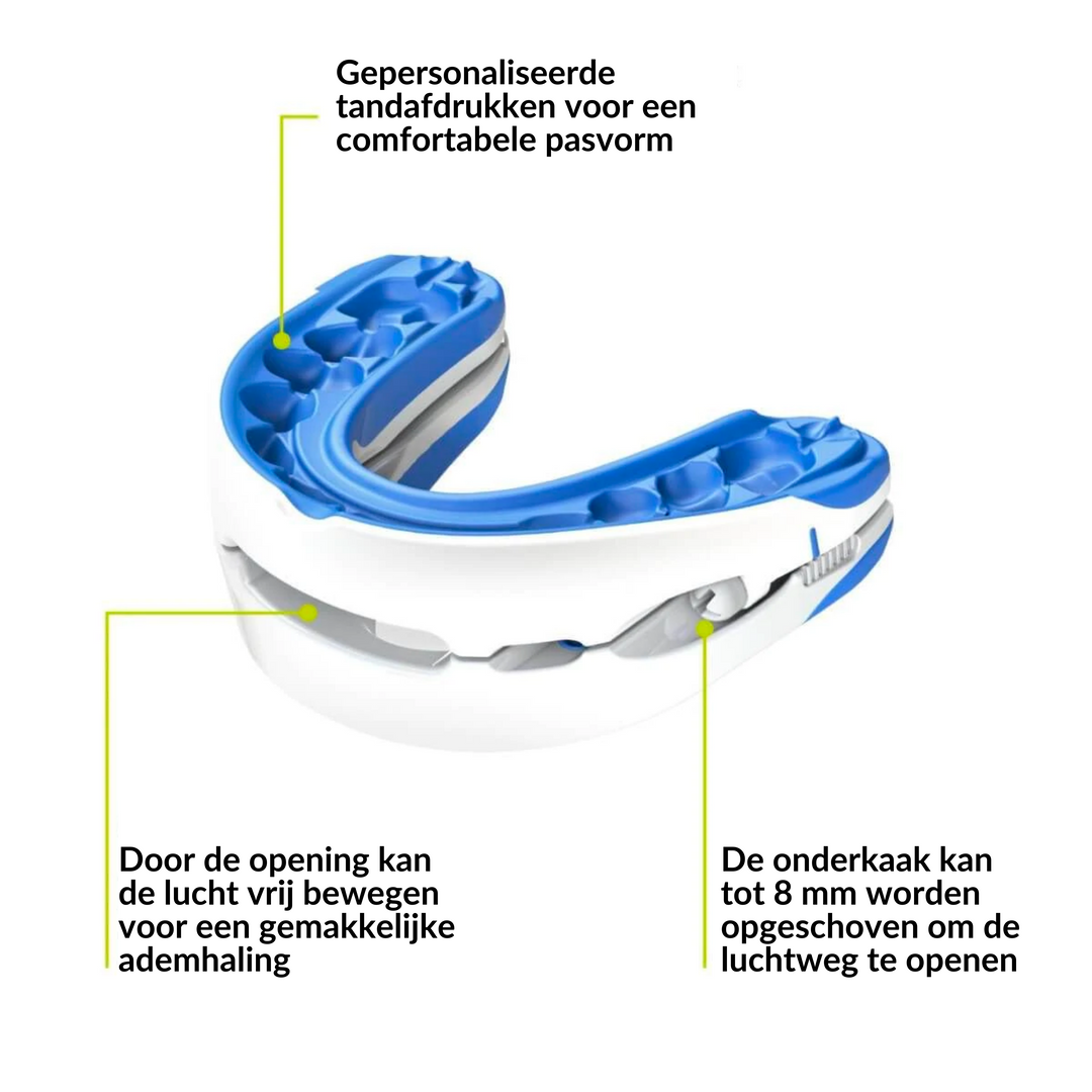 Stijlvol blauw anti-snurk mondstuk; effectief en comfortabel voor een ongestoorde nachtrust en ademhaling.