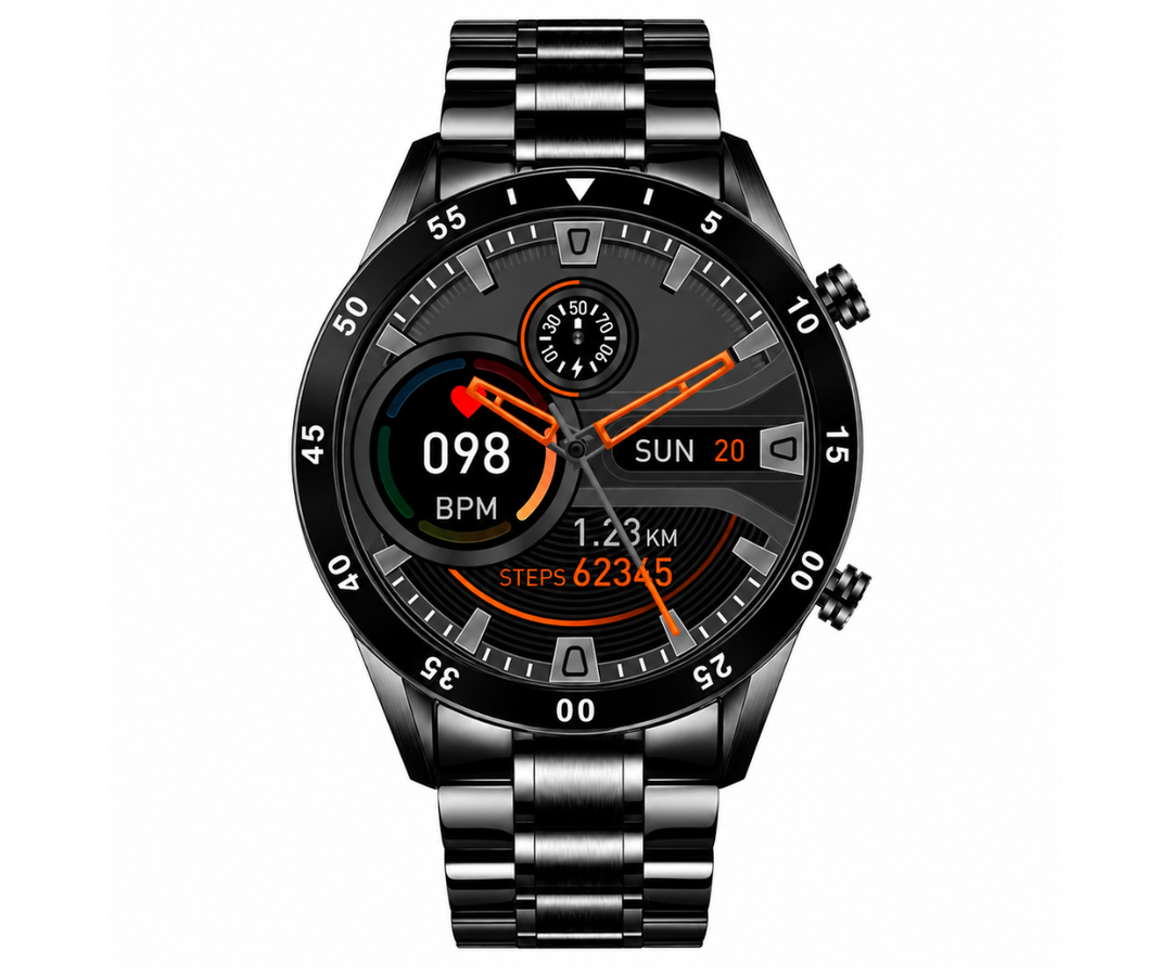 Detailopname van de slanke kast en de knoppen van de Deluxe heren smartwatch; hoogwaardige connectiviteit.
