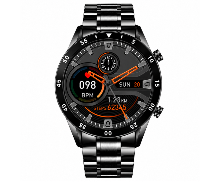 Detailopname van de slanke kast en de knoppen van de Deluxe heren smartwatch; hoogwaardige connectiviteit.