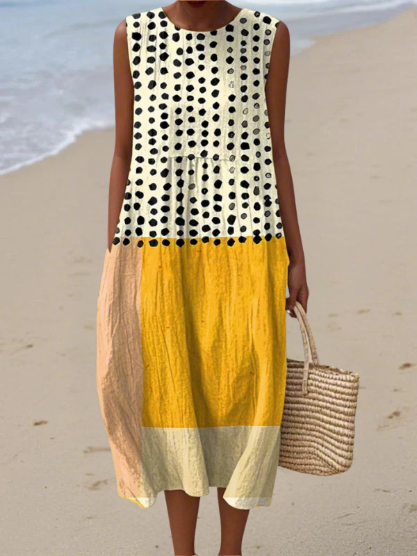 Mouwloze geprinte midi jurk voor dames, zwierig en ademend, geschikt voor zomerse uitstapjes.