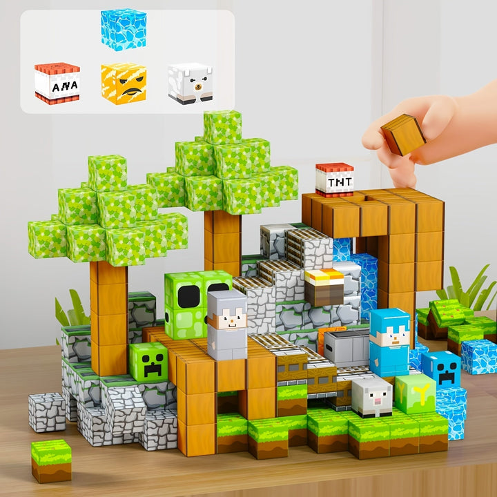 Kind bouwt constructie met magnetische bouwstenen van de creatieve en educatieve ABS speelset.