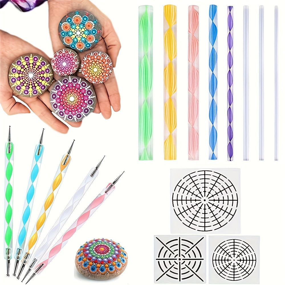 Mandala dotting set met acryl stippelpennen, penselen en sjablonen voor gedetailleerde patronen.