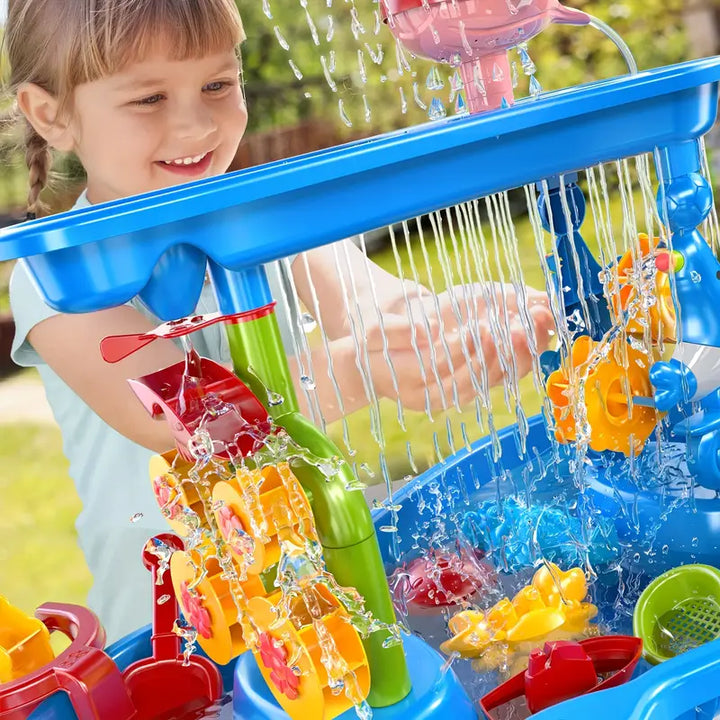 Kinderen's 3-laags zand- en watertafel voor peuters, ideaal voor sensorisch spel en buitenspeelplezier.