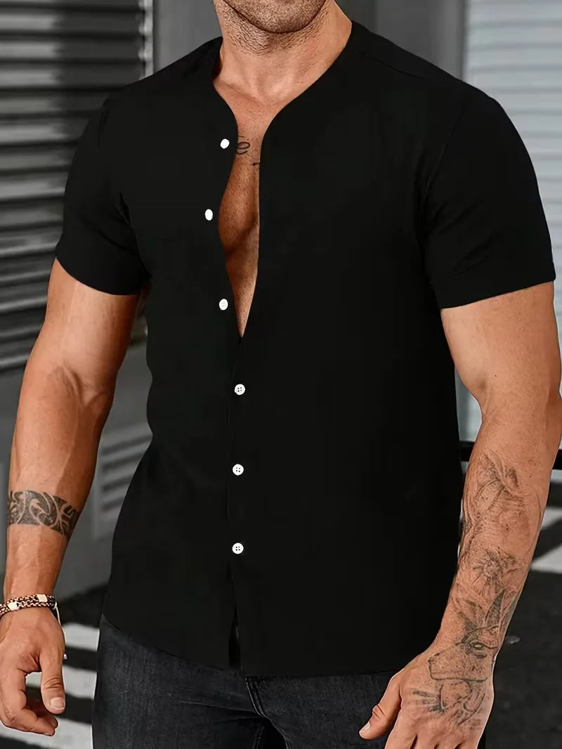 Modern heren mandarijnkraag shirt. Perfect voor een ontspannen, stijlvolle zomer- of weekendlook.