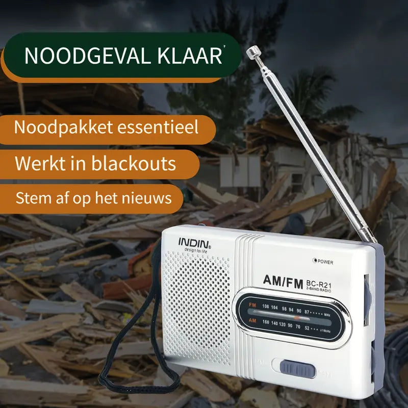 Gebruiksvriendelijke draagbare AM/FM noodradio met robuust design, perfect voor outdoor avonturen en noodgevallen.