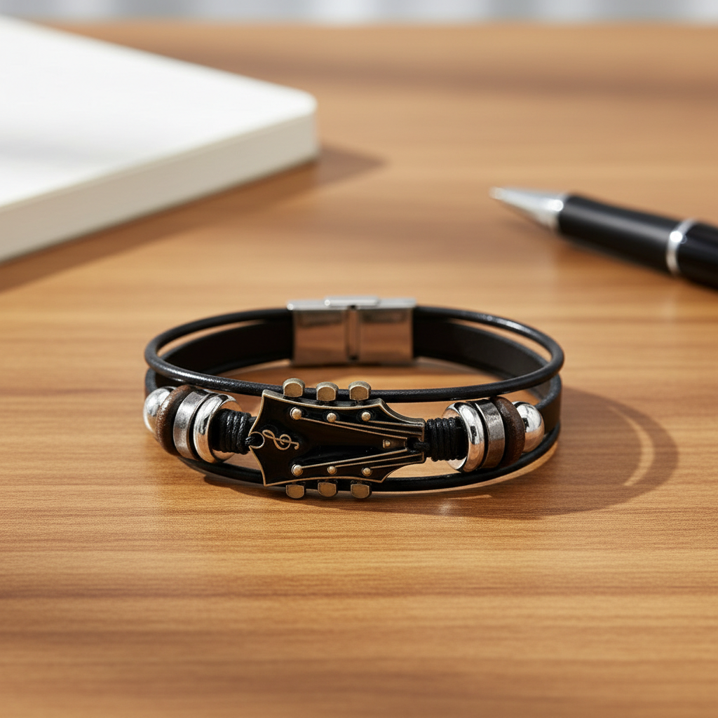 Unisex leren gitaar armband, verstelbaar, met gedetailleerde gitaarhanger. Stijlvol muzieksieraad.