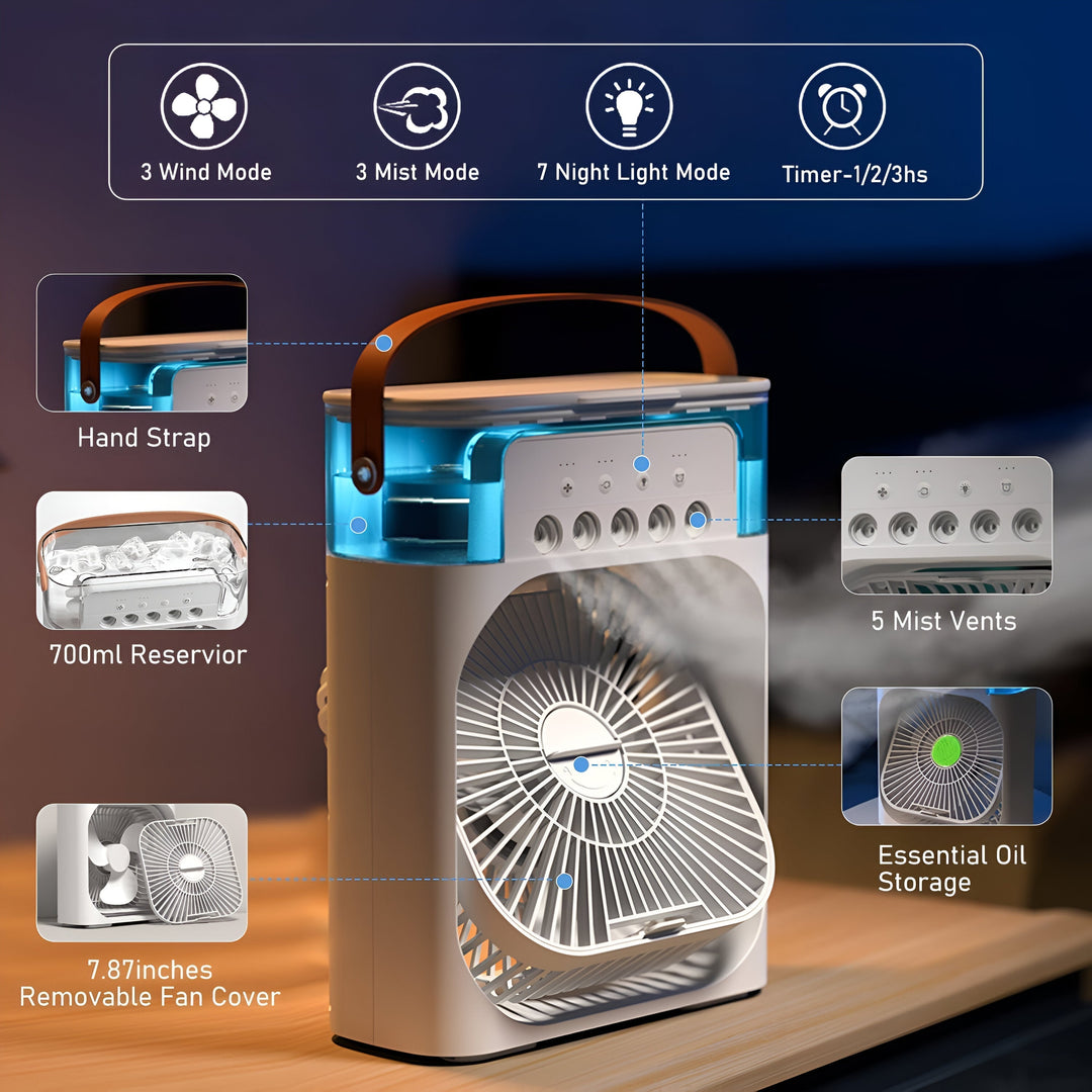 Compacte luchtkoeler met ventilator, bevochtiger en reiniger, ideaal voor een fris binnenklimaat.