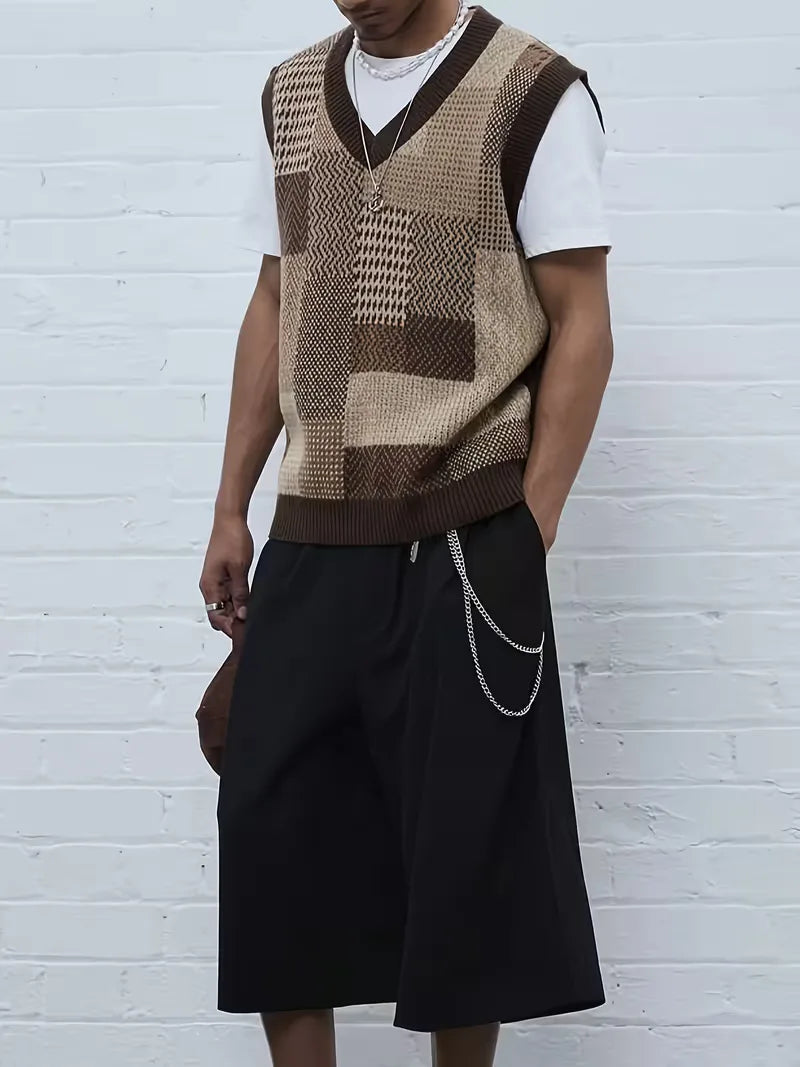 Comfortabel mouwloos herenvest in warme koffie kleur met modern geometrisch patroon. Ideaal voor herfst/winter.