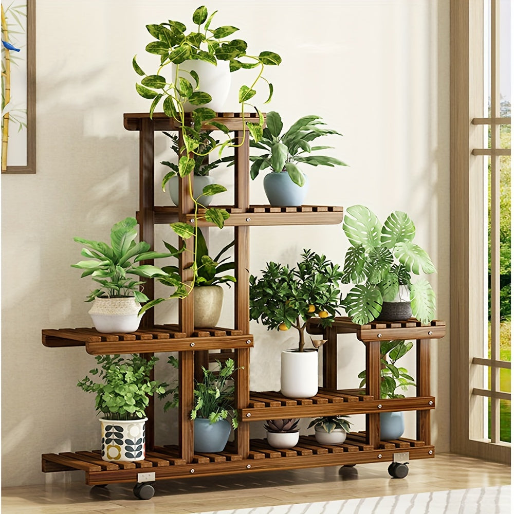 Moderne gecarboniseerde houten plantenrek met 6 etages, robuust en stijlvol voor diverse planten.