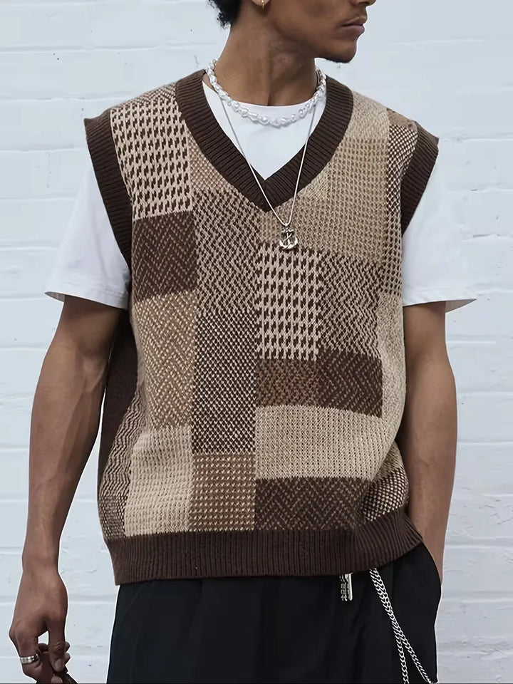 Stijlvol heren pullover vest, mouwloos, met uniek geometrisch dessin. Perfect voor smart casual outfits.