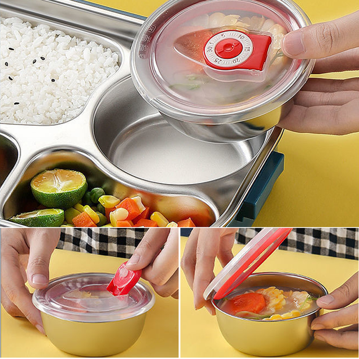 Handige bento lunchbox met compartimenten, RVS, thermisch. Draagbaar voor warme maaltijden onderweg.