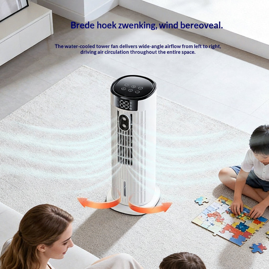 Witte, moderne torenventilator met luchtbevochtiger en afstandsbediening voor optimale verkoeling en binnenklimaat in huis.