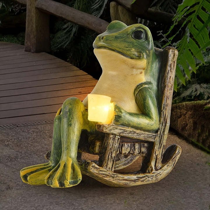 Relaxte solar kikker beeld met LED verlichting. Weerbestendige tuindecoratie voor een sfeervolle tuin.