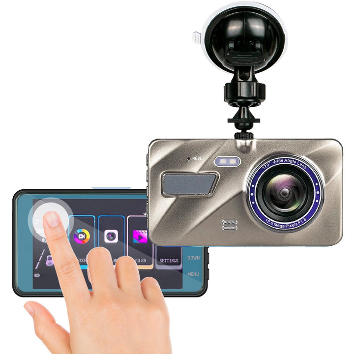Compacte draadloze dashcam met voor- en achtercamera; Full HD opname tijdens het rijden, dag en nacht voor voertuigbewaking.