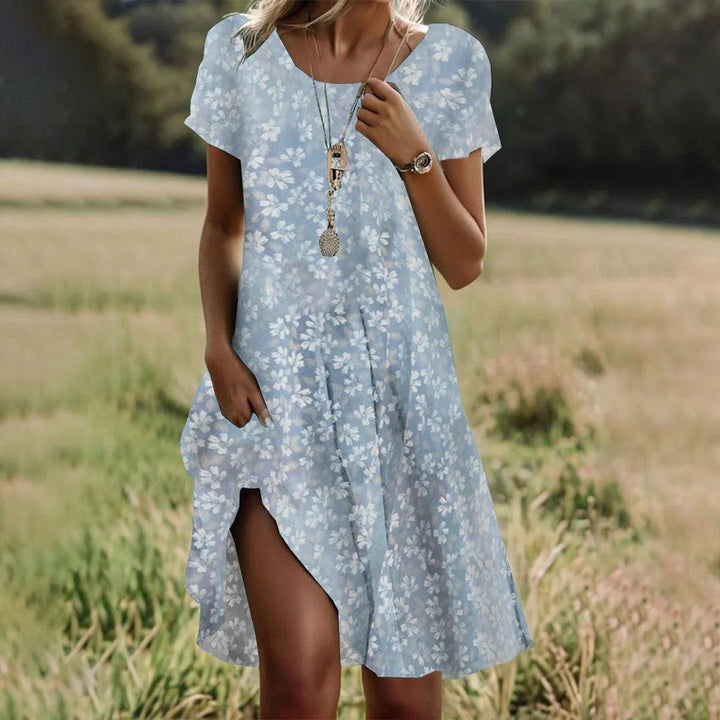 Trendy dames midi-jurk CJ26, comfortabel en casual. Met artistiek etnisch patroon, perfect voor zomerse dagen.