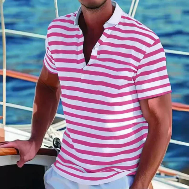 Comfortabel en veelzijdig heren gestreept poloshirt. Ideaal voor een casual look met korte mouwen en retro vibe.