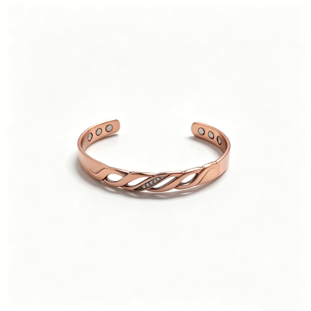 Stijlvolle koperen damesarmband met paarse zirkonia en oneindigheidssymbool, perfect cadeau voor vrouwen.