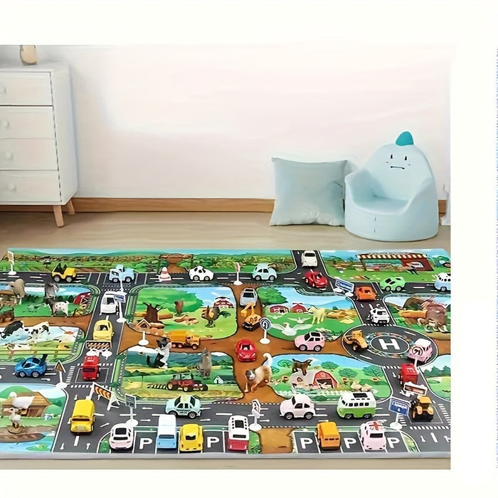 Kinder speelmat met vrolijk boerderijthema; ideaal voor rollenspel. Duurzaam polyester en makkelijk wasbaar.