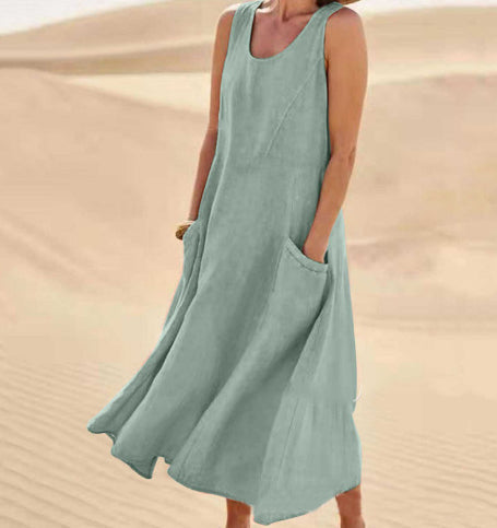Losvallende A-lijn zomerjurk voor dames, comfortabel en elegant, met handige zakken.