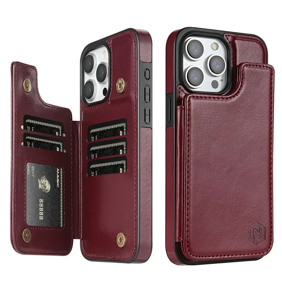 Duurzame leren iPhone hoes met portemonnee functie, optimale bescherming en handige kaartvakken.