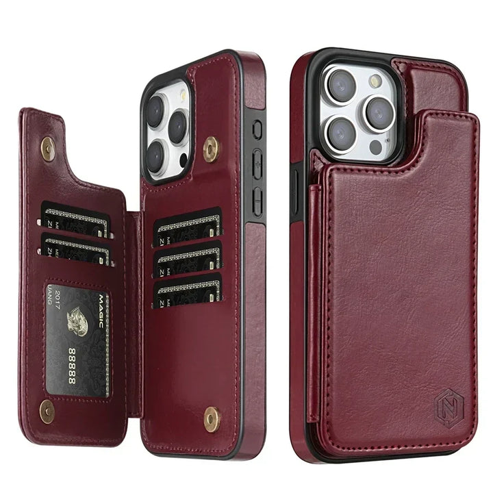 Duurzame leren iPhone hoes met portemonnee functie, optimale bescherming en handige kaartvakken.