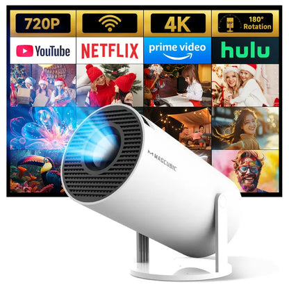 "4K mini beamer met Android 11, Dual WiFi 6; compacte projector in wit, geschikt voor thuisentertainment in hoge resolutie."