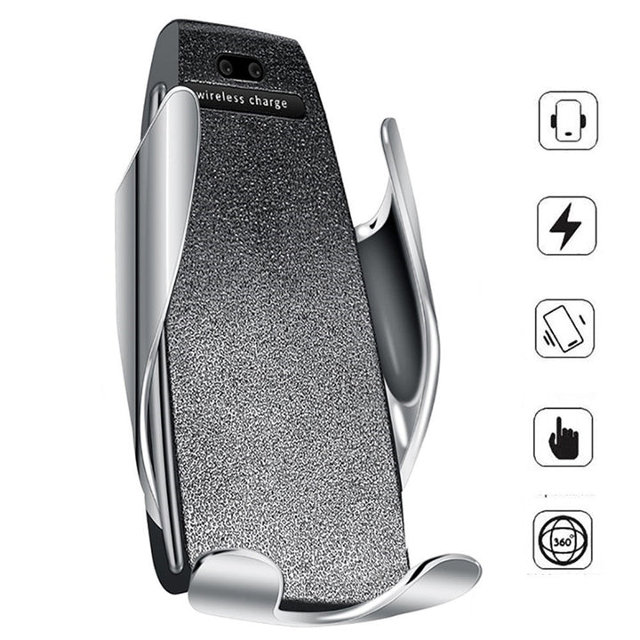 Automatische telefoonhouder met draadloze oplader voor auto, handsfree bellen en navigatie.