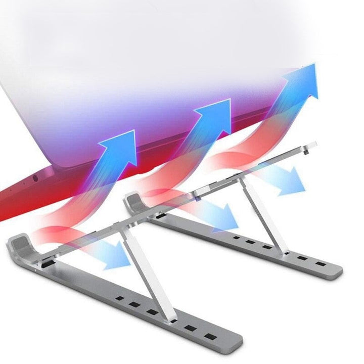 Stabiele zilveren aluminium laptopstandaard, zorgt voor stevige en ergonomische opstelling van je laptop.