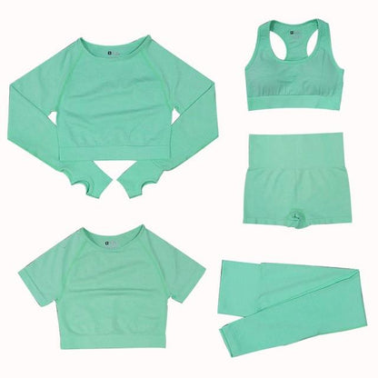 "5-delige dames sportset, met trendy top en hoge taille legging, perfect voor stijl en comfort tijdens elke activiteit."