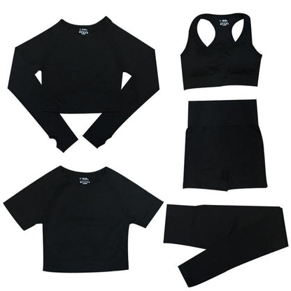 "5-delige dames sportset, met trendy top en hoge taille legging, perfect voor stijl en comfort tijdens elke activiteit."