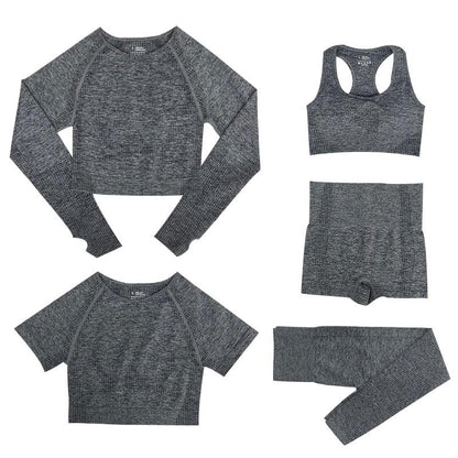 "5-delige dames sportset, met trendy top en hoge taille legging, perfect voor stijl en comfort tijdens elke activiteit."