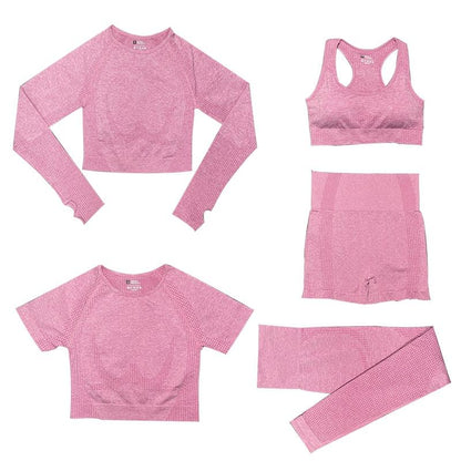 "5-delige dames sportset, met trendy top en hoge taille legging, perfect voor stijl en comfort tijdens elke activiteit."
