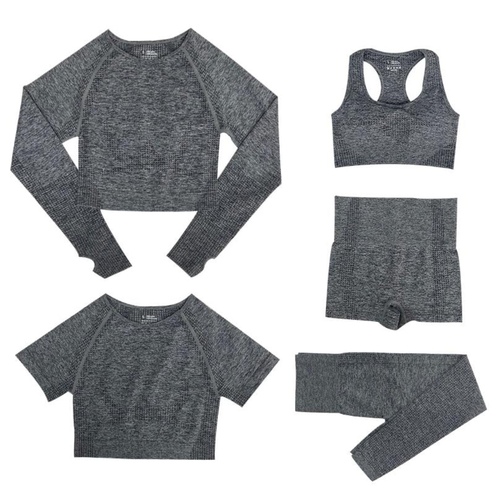 Praktische dames sportset: stretchy hoge taille legging & diverse tops. Comfortabel voor sport en vrije tijd.