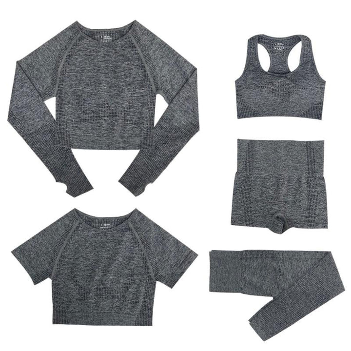 Praktische dames sportset: stretchy hoge taille legging & diverse tops. Comfortabel voor sport en vrije tijd.