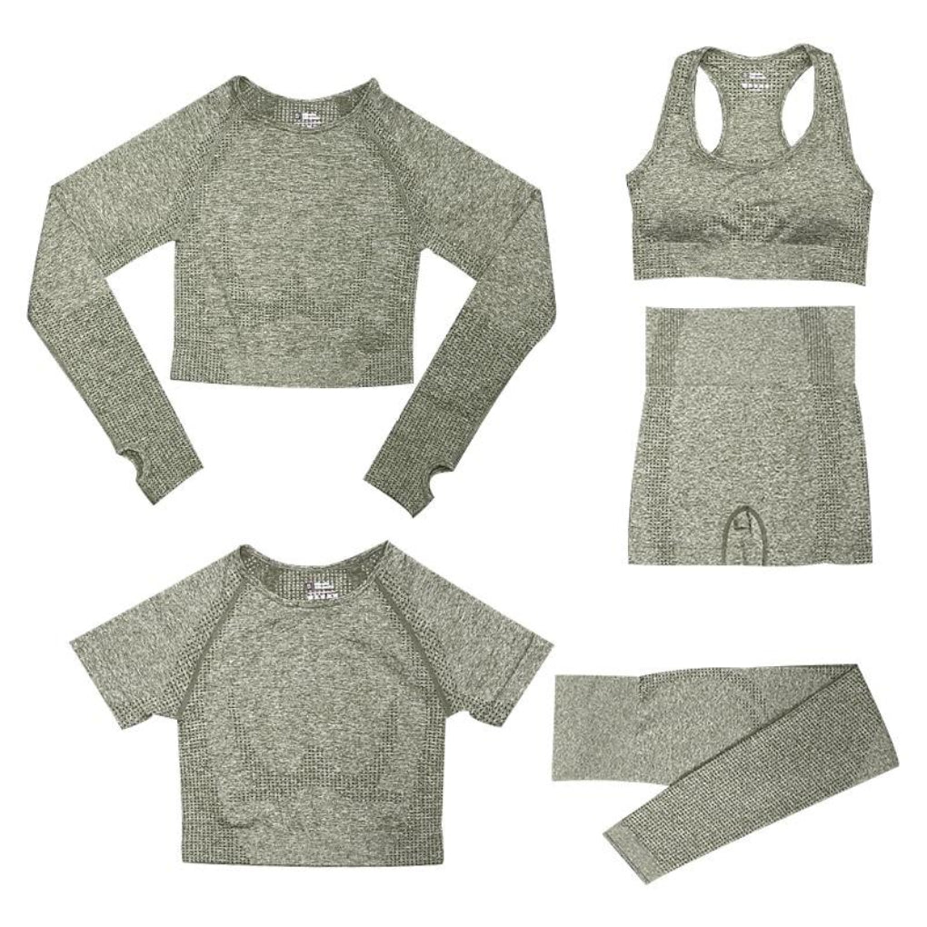 Stretchy dames sportkleding set voor fitness, yoga, hardlopen. Hoge taille legging en bijpassende sporttop.