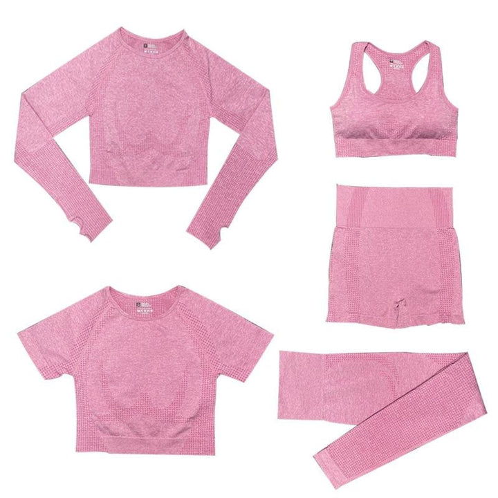 Dames athleisure sportset: comfortabele hoge taille legging & diverse tops. Ideaal voor gym, yoga of thuis.