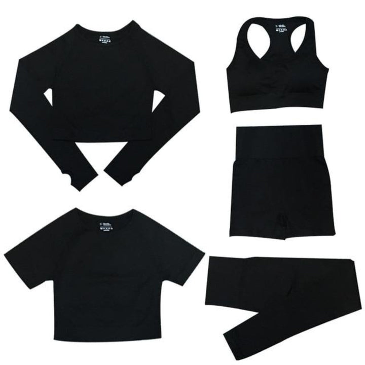 Veelzijdige dames sportset: hoge taille legging met diverse sporttops. Geschikt voor elke training en stijl.