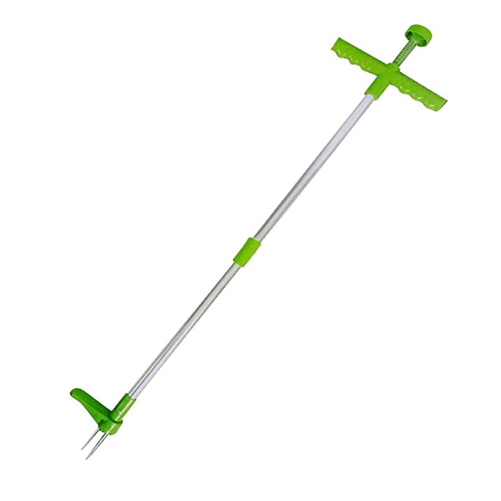 Persoon verwijdert onkruid staand met de rugvriendelijke onkruidverwijderaar. Handig tuingereedschap voor efficiëntie.