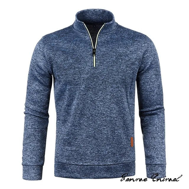 Grijze heren wintertrui met col en rits, een warme en veelzijdige pullover.