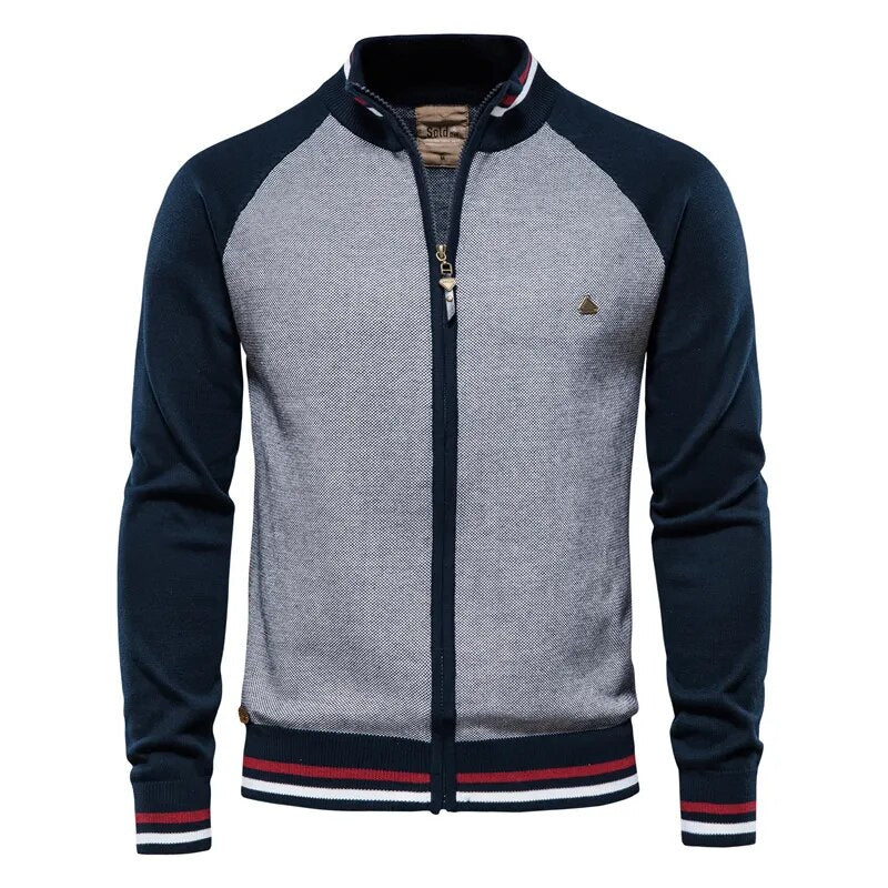 Multicolor heren collegevest, gebreid, voor een trendy en comfortabele outfit.
