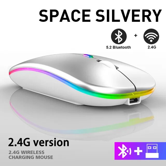 Compacte draadloze muis met LED, oplaadbaar, ergonomisch design, ideaal voor reizen en mobiel gebruik.