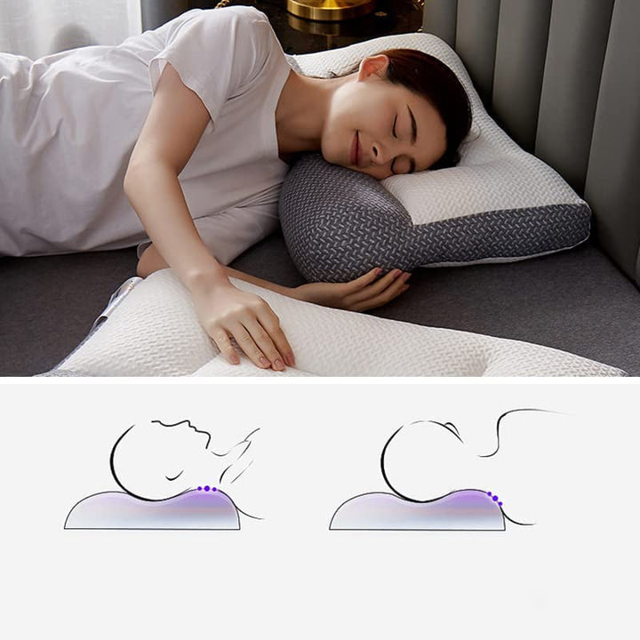 Voorgevormd ergonomisch neksteunkussen met uitsparingen. Vermindert nek- en rugklachten voor beter slaapcomfort.