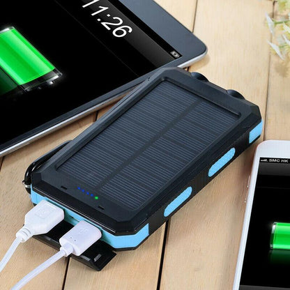 "500000mAh waterdichte zonne-oplader powerbank met dubbele USB-poorten en LED-zaklamp, ideaal voor outdoor gebruik"