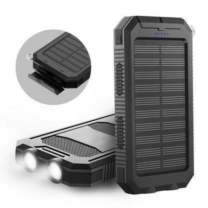 "500000mAh waterdichte zonne-oplader powerbank met dubbele USB-poorten en LED-zaklamp, ideaal voor outdoor gebruik"