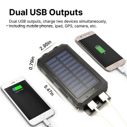 "500000mAh waterdichte zonne-oplader powerbank met dubbele USB-poorten en LED-zaklamp, ideaal voor outdoor gebruik"