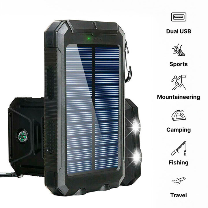 Robuuste waterdichte zonne-powerbank 20000mAh, perfect voor onstuimig outdoor weer en camping.