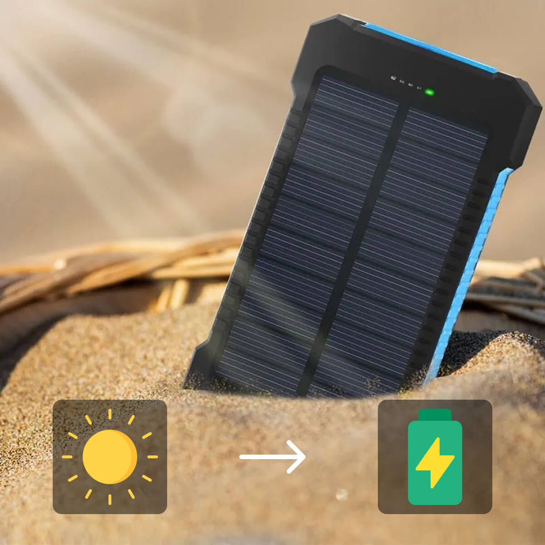 Zonne-powerbank 20000mAh laadt telefoon op via USB-poort; essentieel voor outdoor en avontuur.