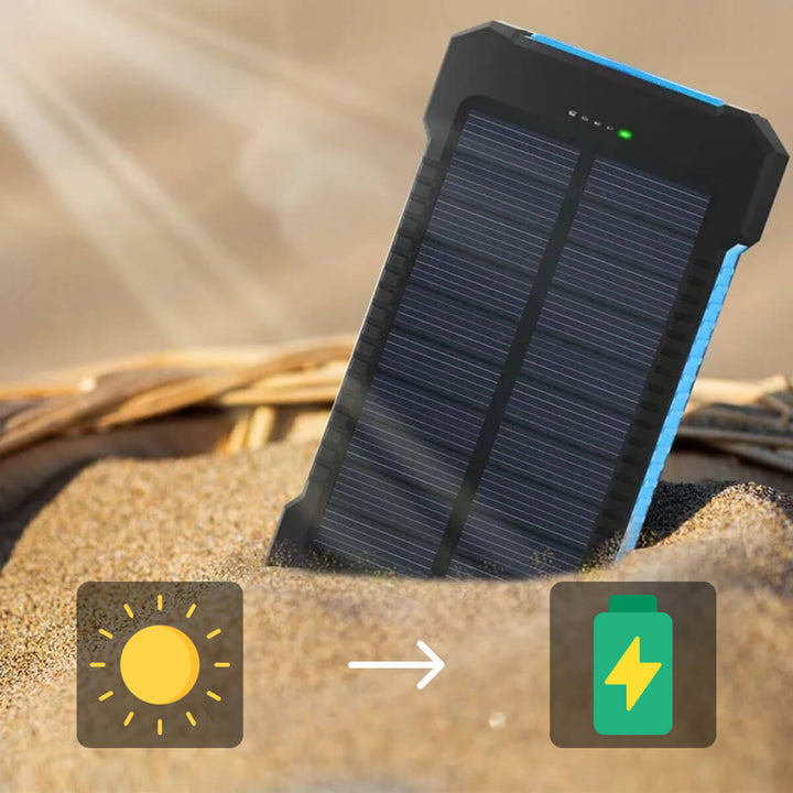 Zonne-powerbank 20000mAh laadt telefoon op via USB-poort; essentieel voor outdoor en avontuur.
