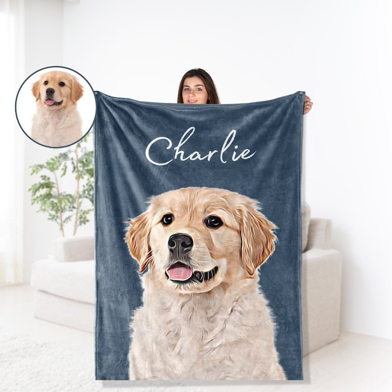 Zacht gepersonaliseerd huisdierdeken voor hond of kat met unieke foto. Ideaal comfortdeken en huisdiercadeau.
