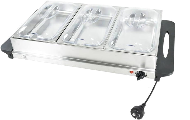 Roestvrijstalen elektrische warmhoudplaat met 3 serveerschalen. Essentieel keukenapparaat voor catering en feesten.